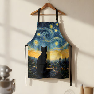 Starry Night Artistic Black Cat & Celestial Town Apron