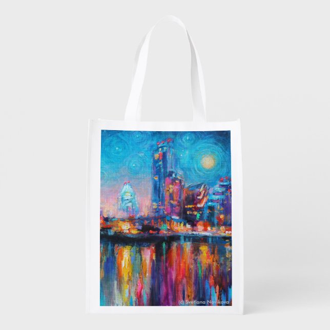 Starry night Austin downtown grocery bag reusable (Back)