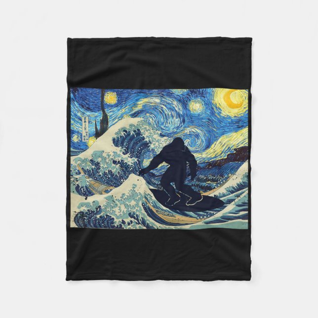 Starry Night Bigfoot Surfing Great Wave Off Kanaga Fleece Blanket (Front)