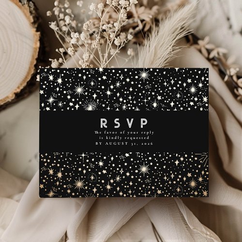 Starry Night Black and Gold Wedding RSVP Postcard