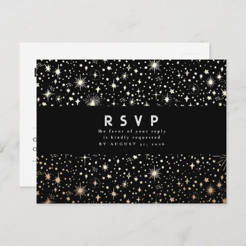 Starry Night Black and Gold Wedding RSVP Postcard