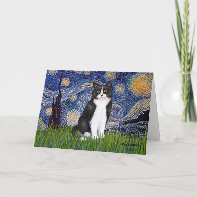 Starry Night - Black and White Cat Card (Front)
