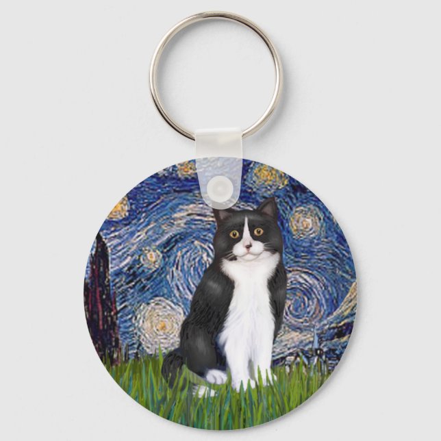 Starry Night - Black and White Cat Keychain (Front)