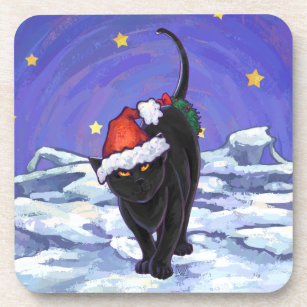 Starry Night Black Cat Christmas Beverage Coaster