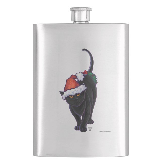 Starry Night Black Cat Christmas Hip Flask (Front)