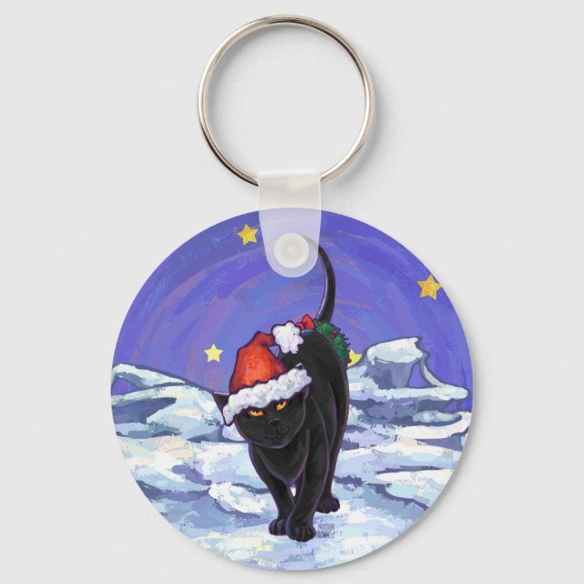 Starry Night Black Cat Christmas Keychain (Front)