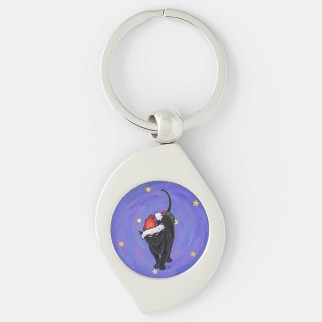 Starry Night Black Cat Christmas Keychain (Front)