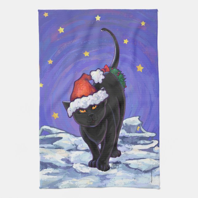 Starry Night Black Cat Christmas Kitchen Towel (Vertical)