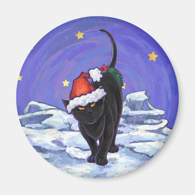 Starry Night Black Cat Christmas Magnet (Front)
