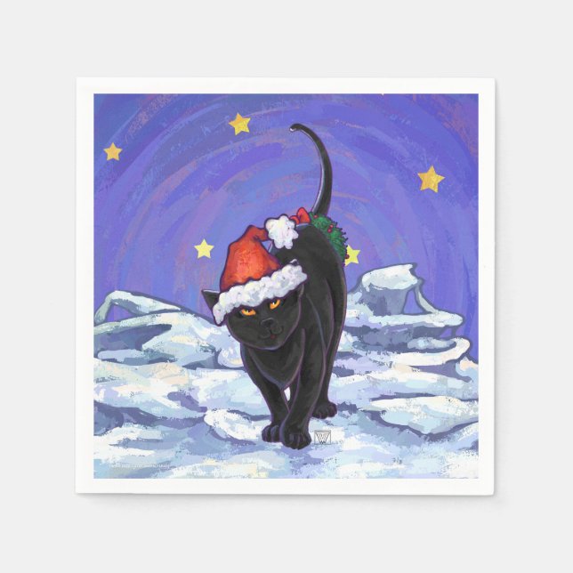 Starry Night Black Cat Christmas Paper Napkins (Front)
