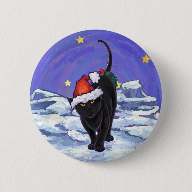 Starry Night Black Cat Christmas Pinback Button (Front)
