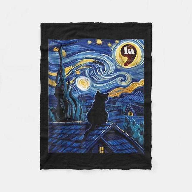 Starry Night Black Cat Comma La Kamala Harris  Fleece Blanket (Front)
