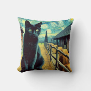 Starry Night Black Cat Green Eyes Throw Pillow