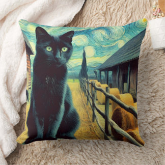 Starry Night Black Cat Green Eyes Throw Pillow
