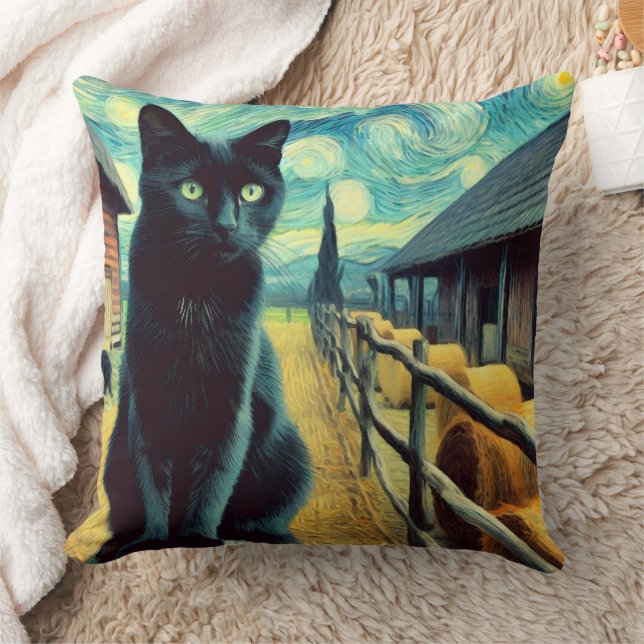 Starry Night Black Cat Green Eyes Throw Pillow (Blanket)