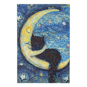 Starry Night Black Cat - Van Gogh Faux Canvas Print