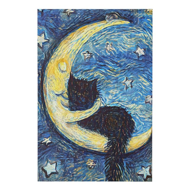 Starry Night Black Cat - Van Gogh Faux Canvas Print (Front)