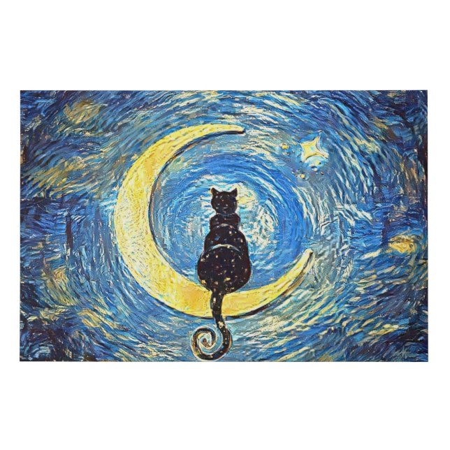 Starry Night Black Cat - Van Gogh Faux Canvas Print (Front)