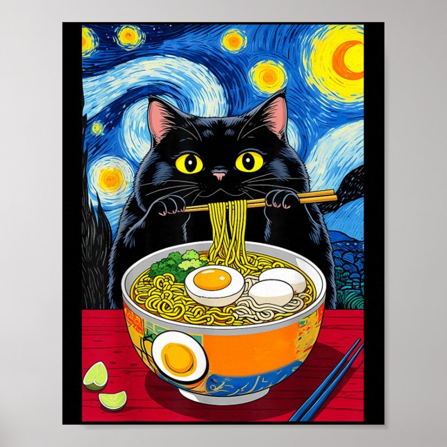 Starry Night Black Fat Cat Ramen Funny Black Fat C Poster (Front)