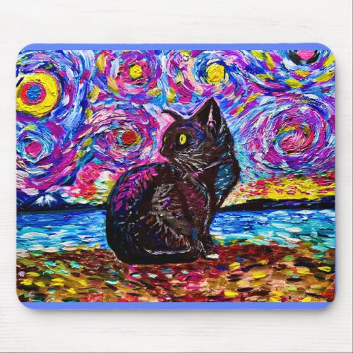 Starry Night Black Kitty Cat Mouse Pad