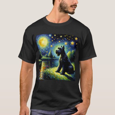 Starry Night Black Russian Terrier Dog Van Gogh T-Shirt