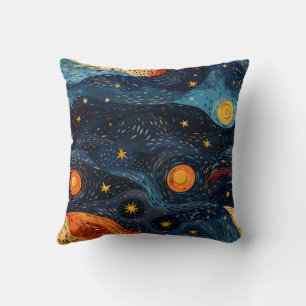 "Starry Night Blue and Orange Throw Pillow