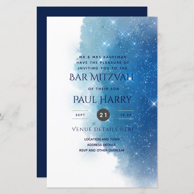 Starry Night Blue Bar Bat Mitzvah Invitations (Front/Back)