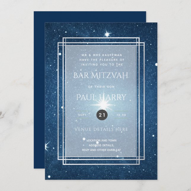 Starry Night Blue Bar Bat Mitzvah Invitations (Front/Back)