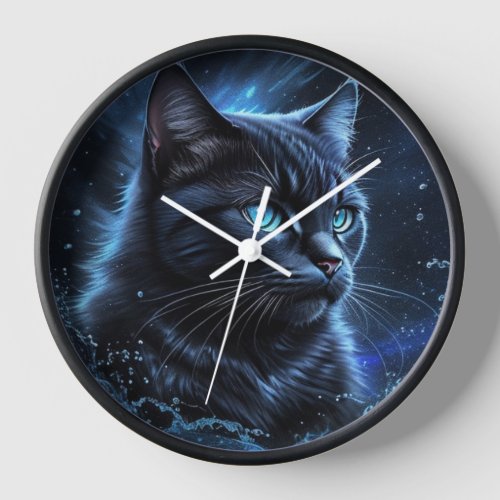 Starry Night Blue Black Cat Splash Art  Clock