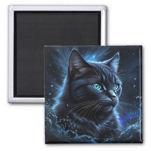 Starry Night Blue Black Cat Splash Art Fridge Magnet