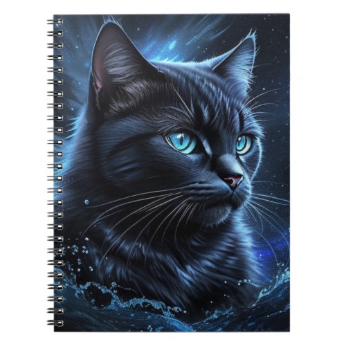 Starry Night Blue Black Cat Splash Art  Notebook