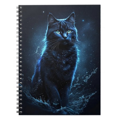 Starry Night Blue Black Cat Splash Art  Notebook