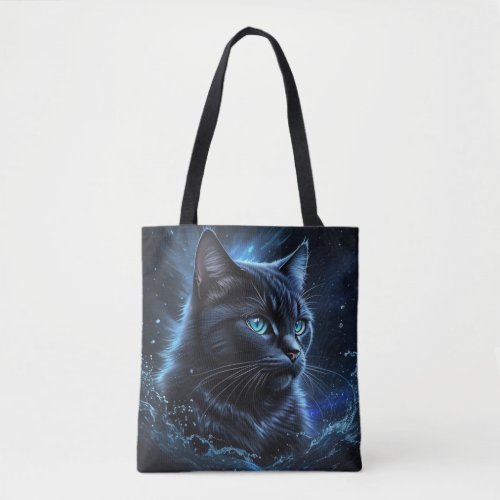 Starry Night Blue Black Cat Splash Art  Tote Bag