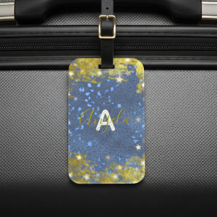 Starry Night Blue Gold Glitter Monogram Luggage Tag