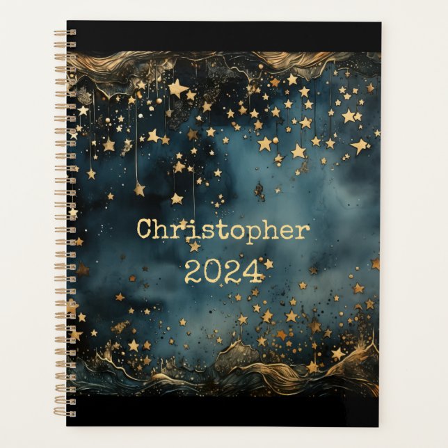 Starry night blue golden navy with name  planner (Front)