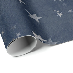 Starry Night Blue Navy Stars Gray Silver Confetti Wrapping Paper