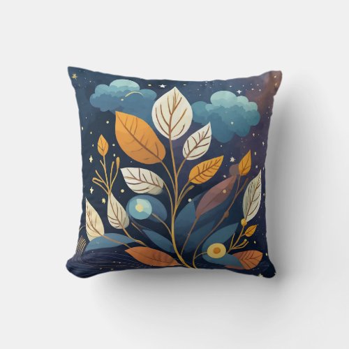 Starry Night Blue Orange Autumn Leaves Throw Pillow