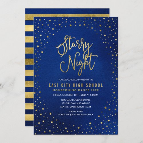 Starry Night Blue Watercolor Faux Gold Scool Dance Invitation