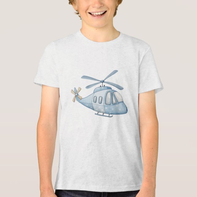 Starry Night Blue Watercolor Helicopter Nursery Tri-Blend Shirt (Front)