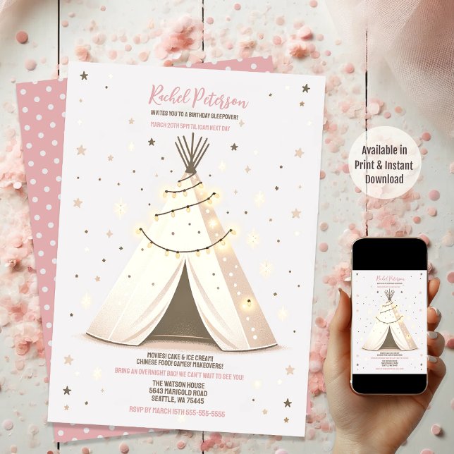Starry Night Boho Chic Teepee Sleepover Party Invitation (Available in both Print and Instant Download)