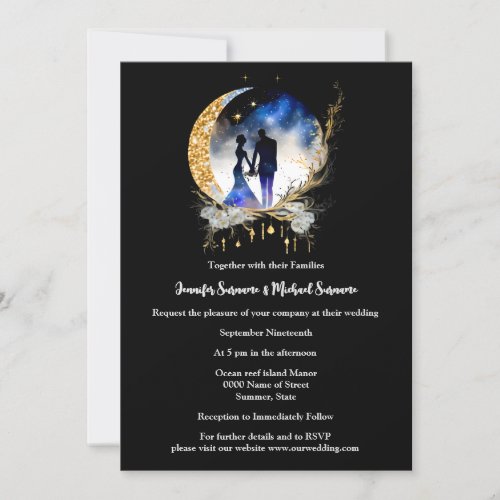Starry night bridal couple silhouette black blue  invitation