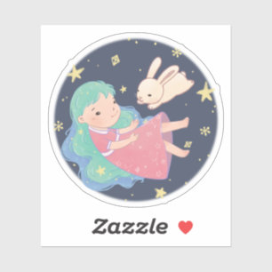 Starry Night Bunny & Girl Illustration Sticker