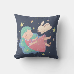 Starry Night Bunny & Girl Illustration Throw Pillow