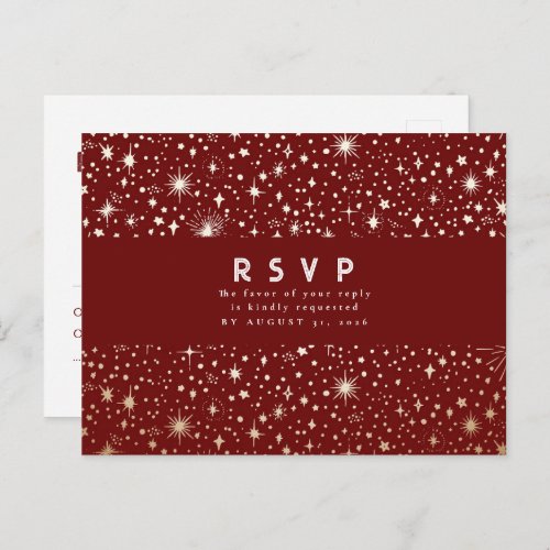 Starry Night Burgundy Red and Gold Wedding RSVP Postcard