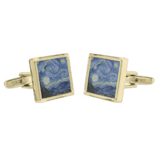 Starry Night by Vincent Van Gogh Gold Cufflinks