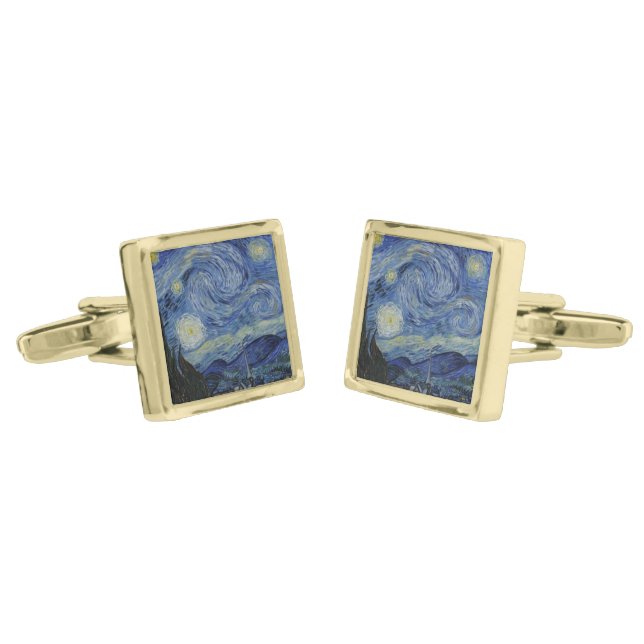 Starry Night by Vincent Van Gogh Gold Cufflinks (Angled)