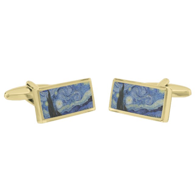 Starry Night by Vincent Van Gogh Gold Cufflinks (Angled)