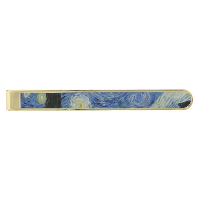 Starry Night by Vincent Van Gogh Gold Finish Tie Clip (Front)