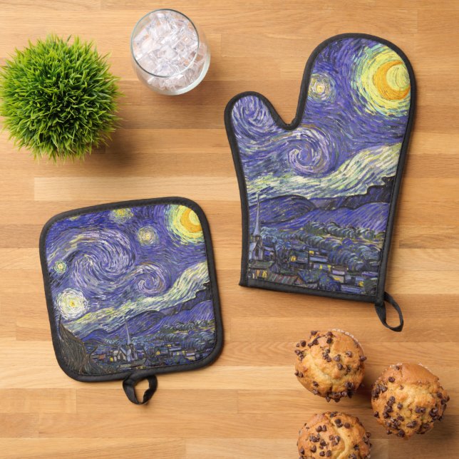 Starry Night by Vincent van Gogh Oven Mitt & Pot Holder Set (Top Down)