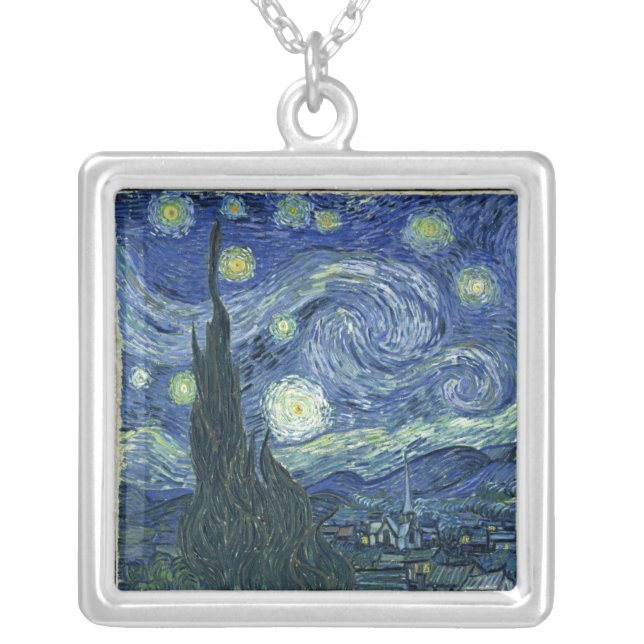 Starry Night by Vincent Van Gogh Silver Plated Necklace (Front)
